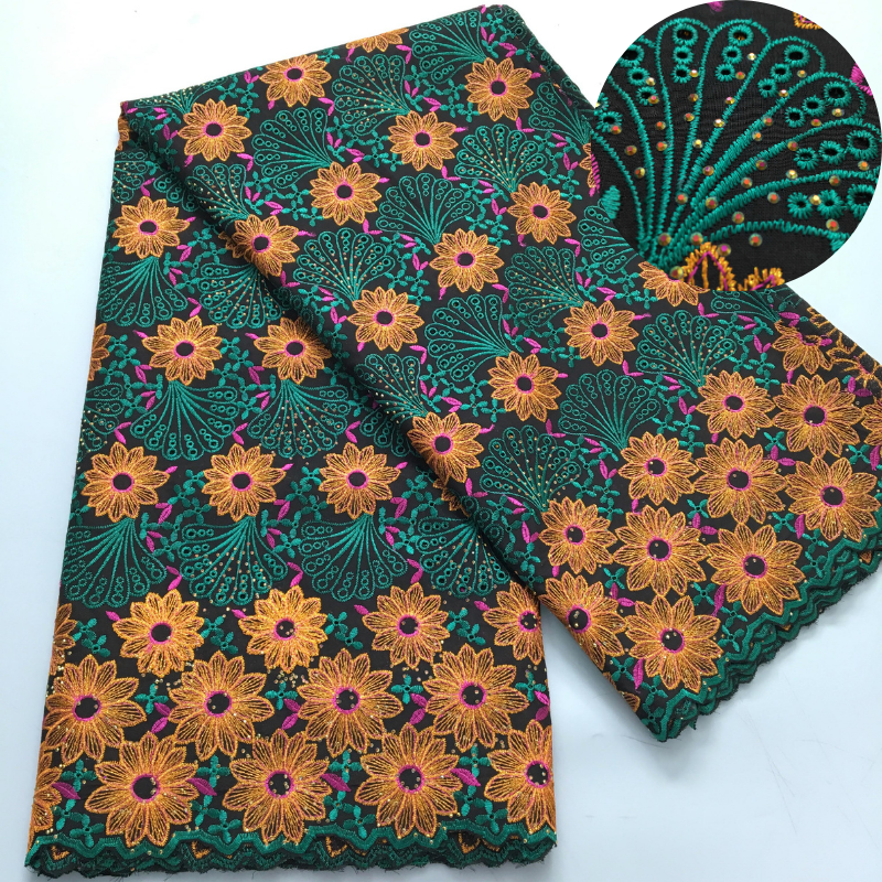 Tecido de renda de algodão nigeriano bordado 5 jardas cristais verde africano tecido de renda suíça elegante vestido de festa para mulheres costurar a3964