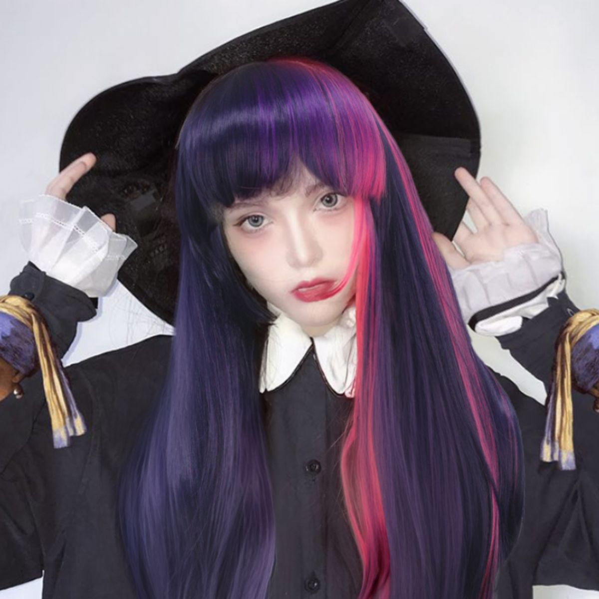 Rosa roxo puro franja longo cabelo reto peruca sintética fibra química crepúsculo brilho role play animado pônei figura