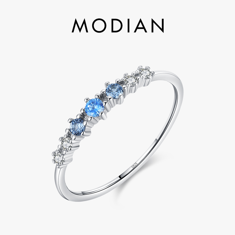 Modian 925 Perak Murni Sederhana Stackable Mode Cincin Jari Tipis Jimat Cincin Zirkonia Biru untuk Wanita Perhiasan Pernikahan Bagus
