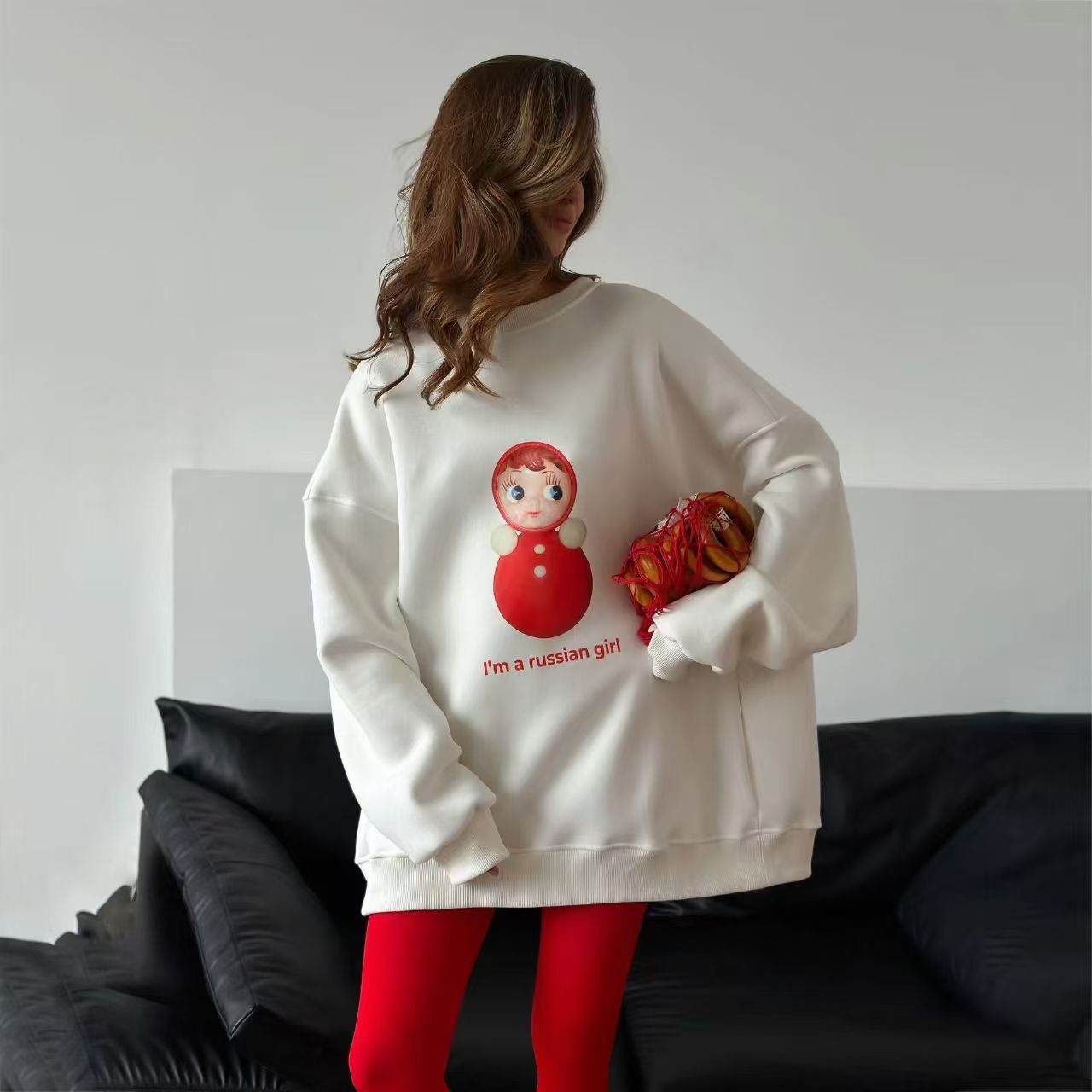 Sudadera con cuello redondo y estampado de sentido Superior para chica rusa, sudaderas con capucha finas blancas para primavera 2025, Tops informales holgados de estilo ruso para mujer