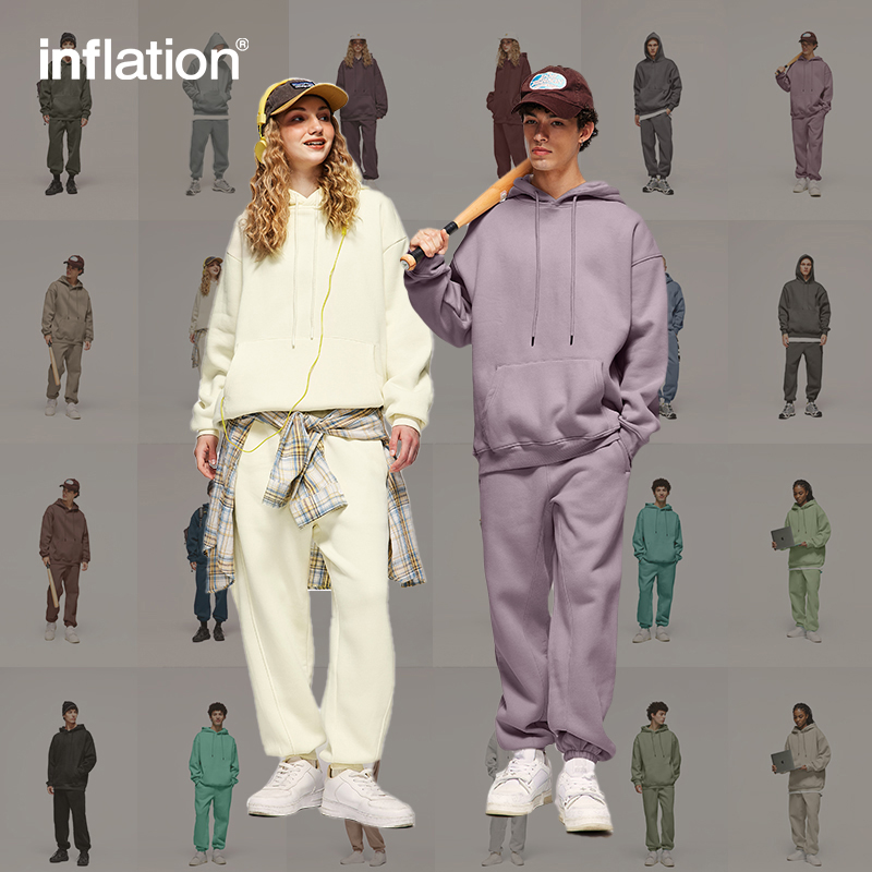 อัตราเงินเฟ้อ 350gsmหนากํามะหยี่Tracksuit Unisex 2023 อินเทรนด์สีทึบชุดวิ่งออกกําลังกายMens Blankการจับคู่ขนแกะSweatpantชุด
