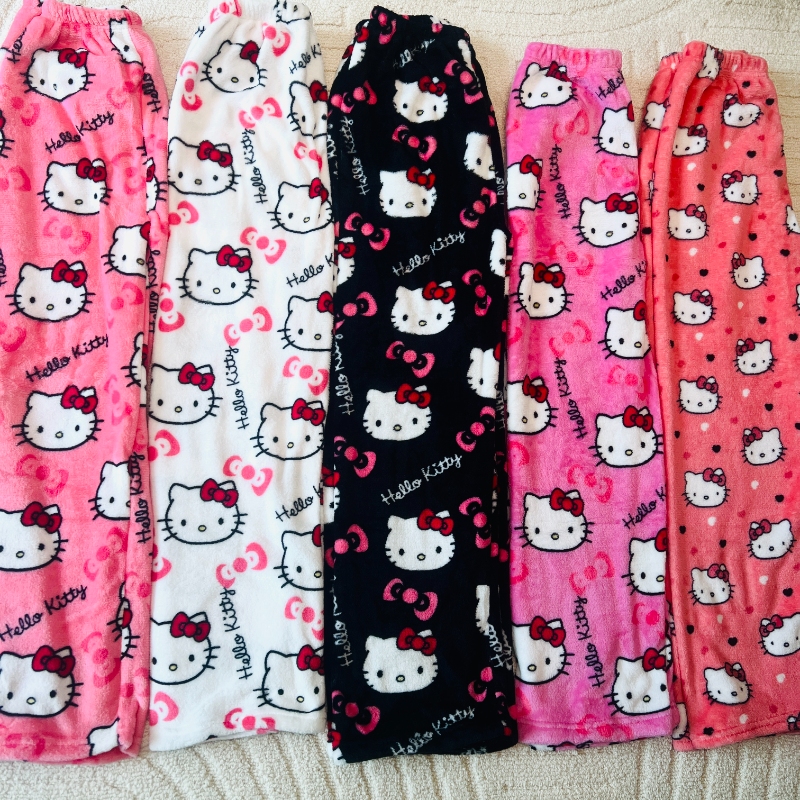 Sanrio Hello Kitty pijamas pantalones negro Rosa Anime franela mujeres cálido lana blanco dibujos animados Casual casa pantalón otoño Grils pantalones