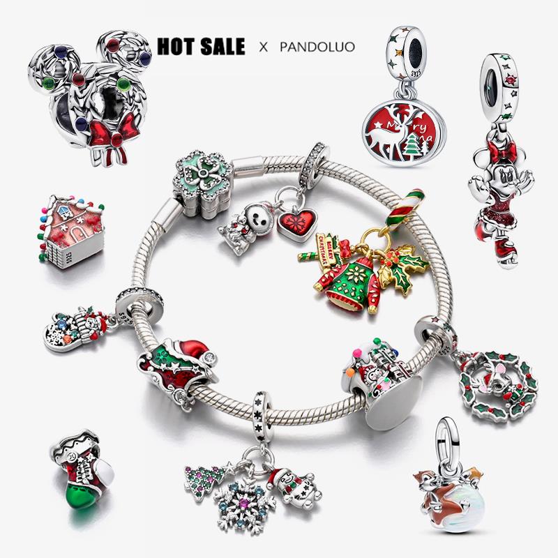ใหม่ 925 เงินเครื่องประดับ Disney Christmas Charm Trio Mickey พวงหรีด Minnie สเก็ตน้ําแข็งลูกปัดจี้สําหรับเหมาะกับสร้อยข้อมือ Pandora