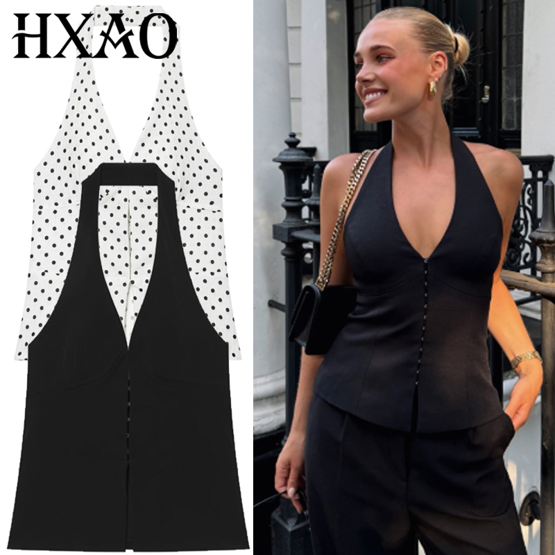 HXAO 2026 Top Corto Halter Sexy para Mujer, Elegante de Verano, Negro y Marrón, con Hombros Descubiertos, Espalda Descubierta, Casual, con Estampado de Puntos, Ajustado, Sin Mangas
