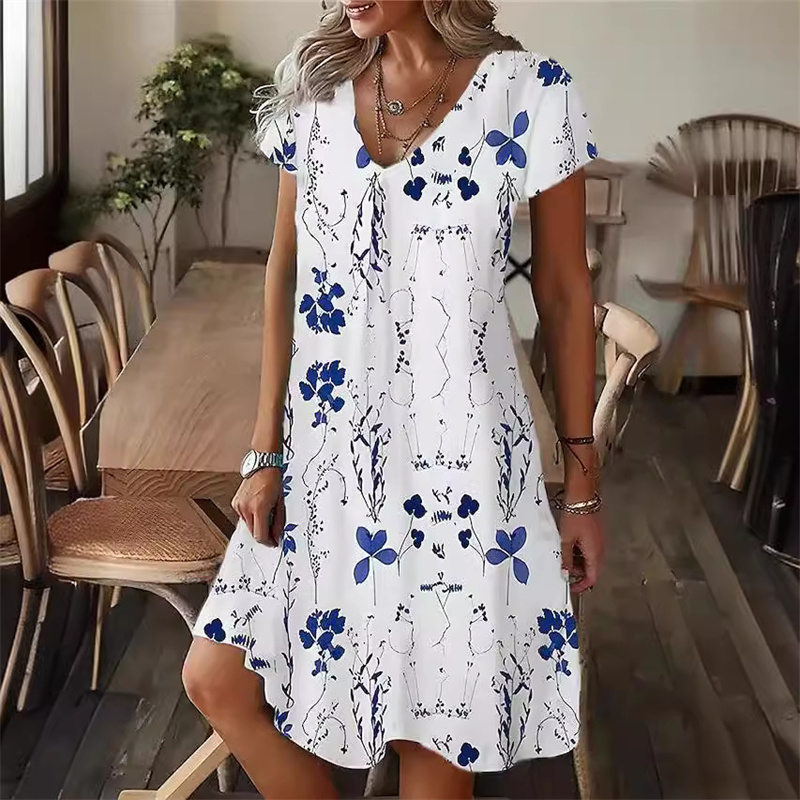 Vestido Floral de verano para mujer, vestido playero bohemio informal a la moda, vestido veraniego de manga corta con cuello en V, vestido Sexy holgado con estampado 3D acampanado para mujer