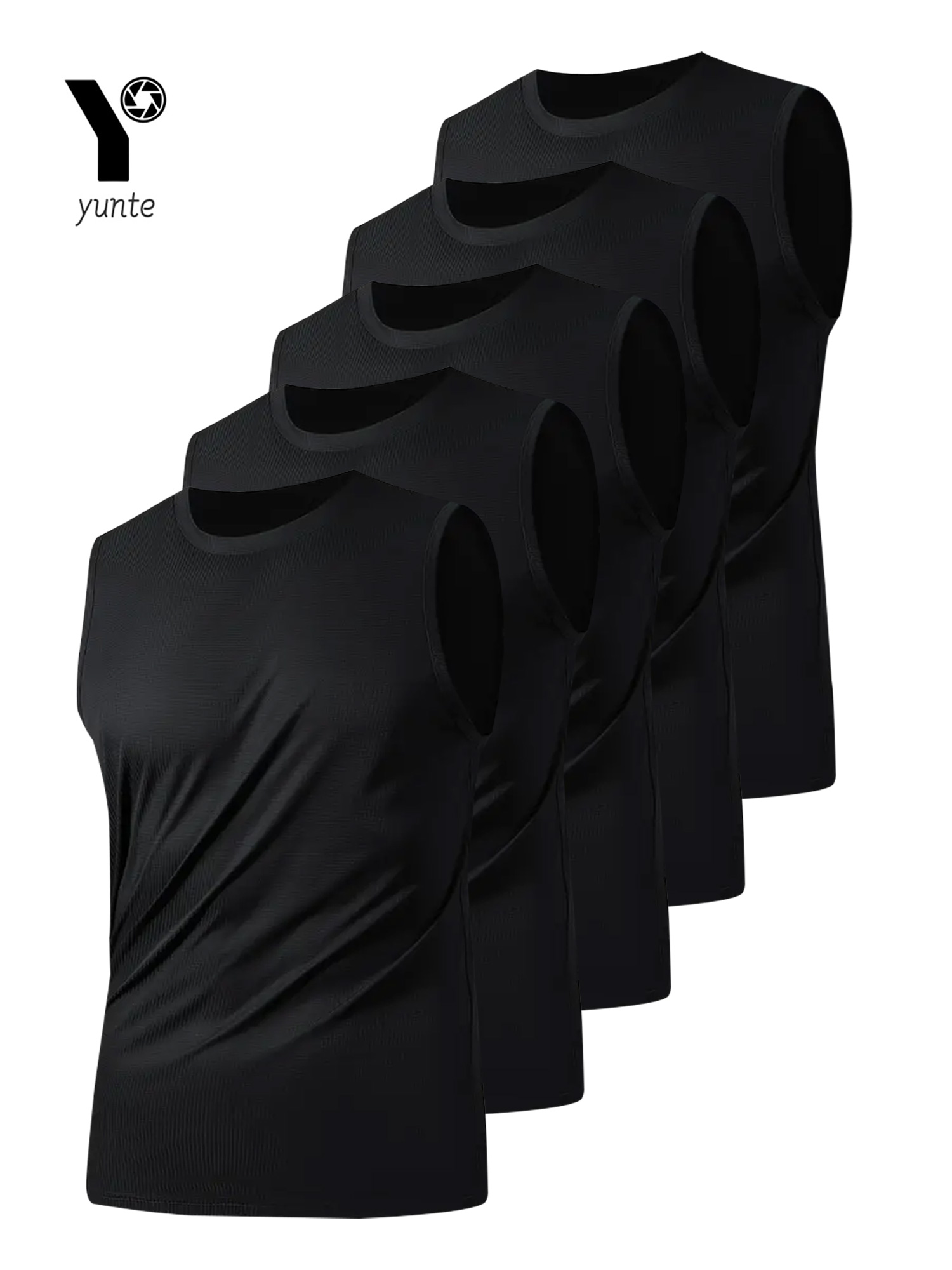 Herren-Sportweste, Schwarz, 5-teilig, atmungsaktiv, Rundhalsausschnitt, leicht elastischer Stoff, reine Farbe, geeignet für Frühling, Sommer und Herbst R