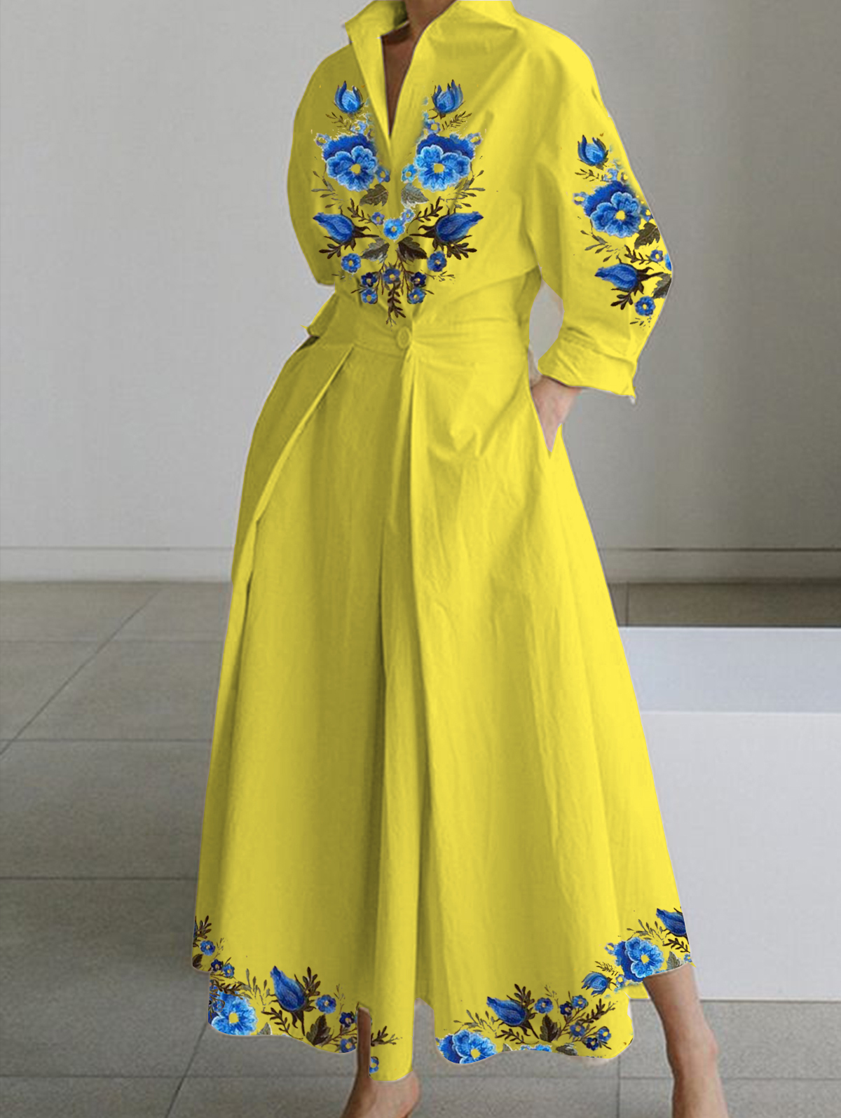 Vestido de talla grande con cuello de solapa para mujer, Vestido camisero plisado con bolsillos, estampado elegante, informal, Vintage, 2024