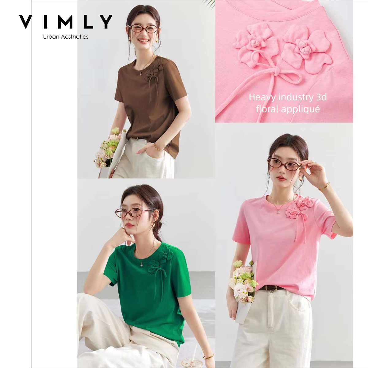 Футболка женская VIMLY из 100% хлопка, летняя, 2026, розовая, модная, с объемным 3D цветочным принтом, повседневная, с круглым вырезом, с коротким рукавом, A6182