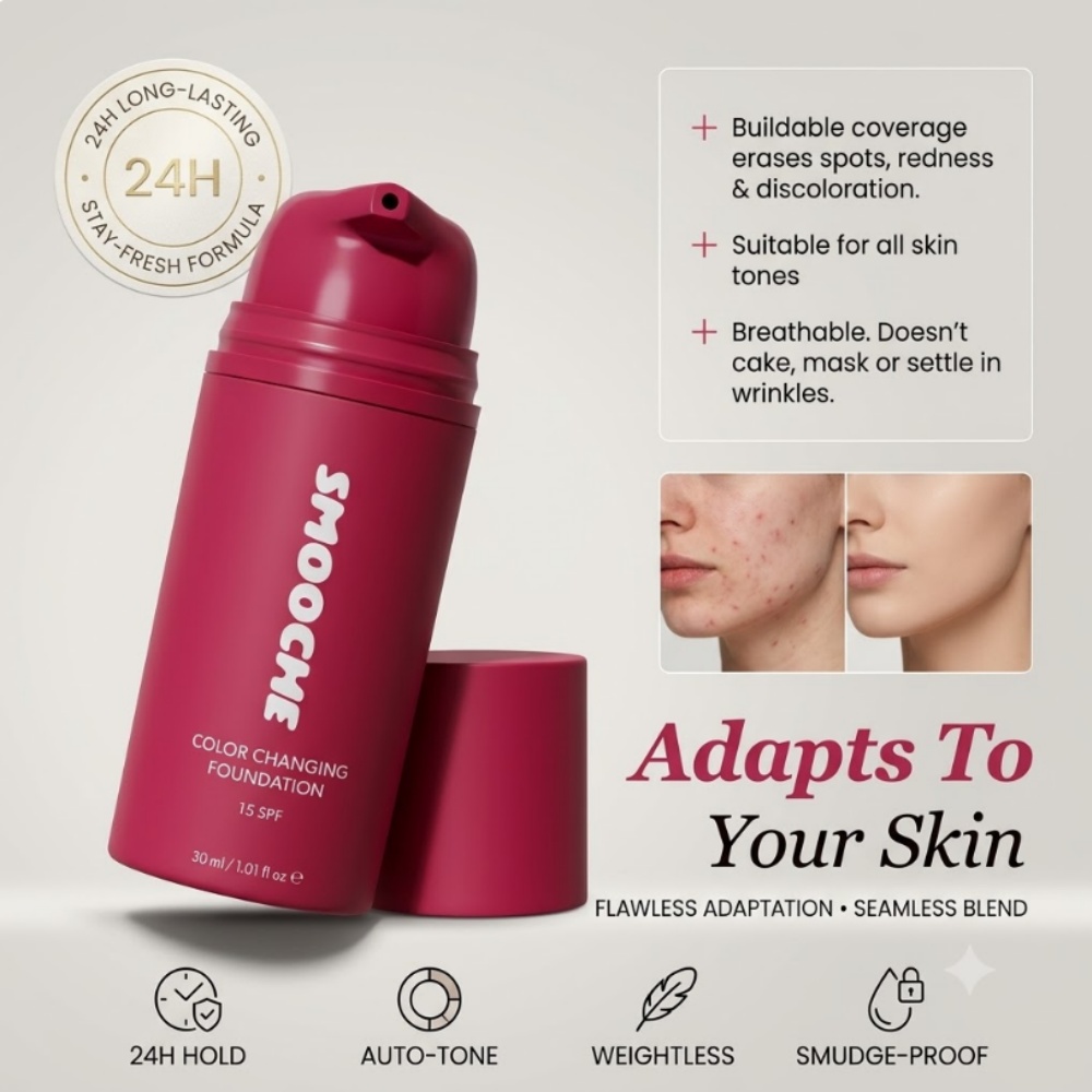 Base de Maquillaje SMOOCHE con Cambio de Color Mágico, Hidratante, Resistente al Agua, Autoajustable al Tono de Piel, Ligera y de Larga Duración