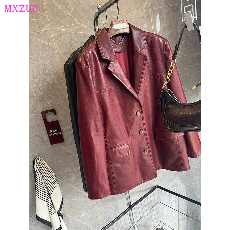 女性用シングルブレストルーズスーツコート,本革ジャケット,シープスキンラペル,バーガンディ服,新品,秋