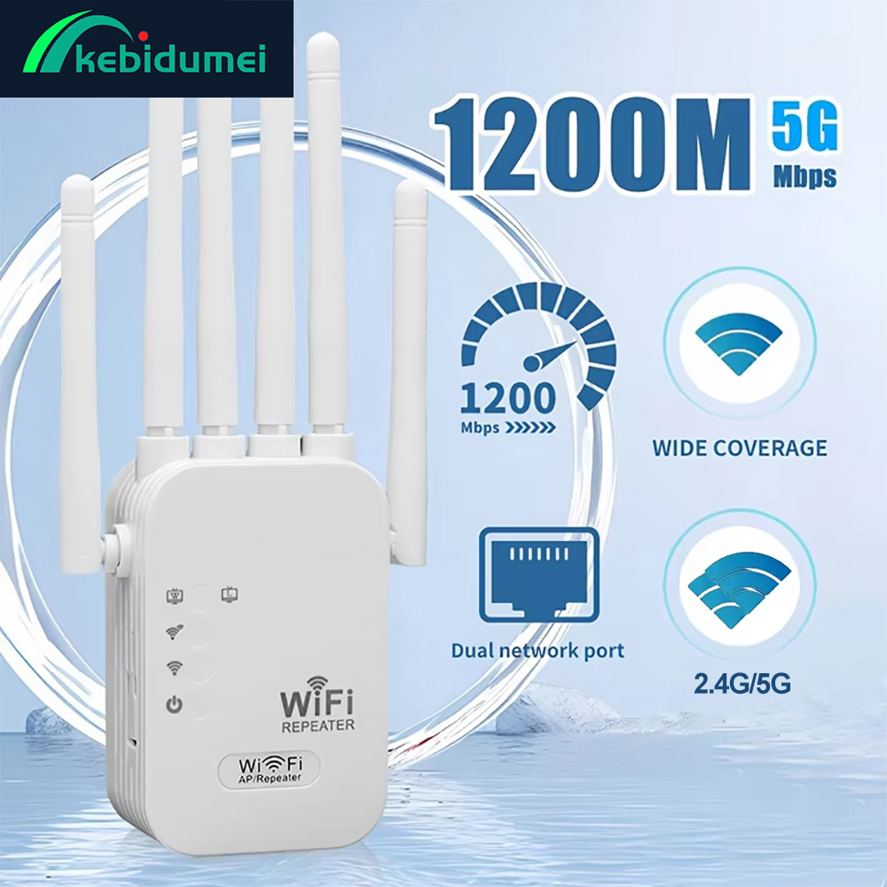 Kebidumei 1200Mbps Wzmacniacz WiFi Dual Band 2.4G 5G Rozszerzacz Zasięgu Sieci Wzmacniacz Sygnału 6 Anten Bezprzewodowy Router WiFi
