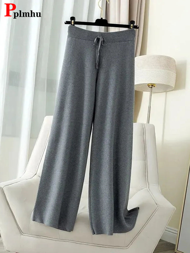 Mulheres cintura alta rendas até calças de perna larga outono inverno elegante malha pantalones quente casual baggy estiramento grosso tricô calças