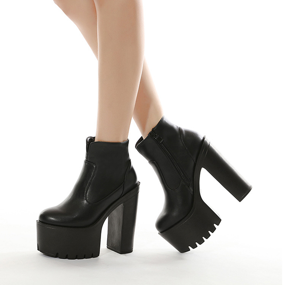 Gdgydh Women Block Heeled Boots Fashion Side Zipper Platform Short Boots Faux Leather High Heels Shoes Spring Autumn White
