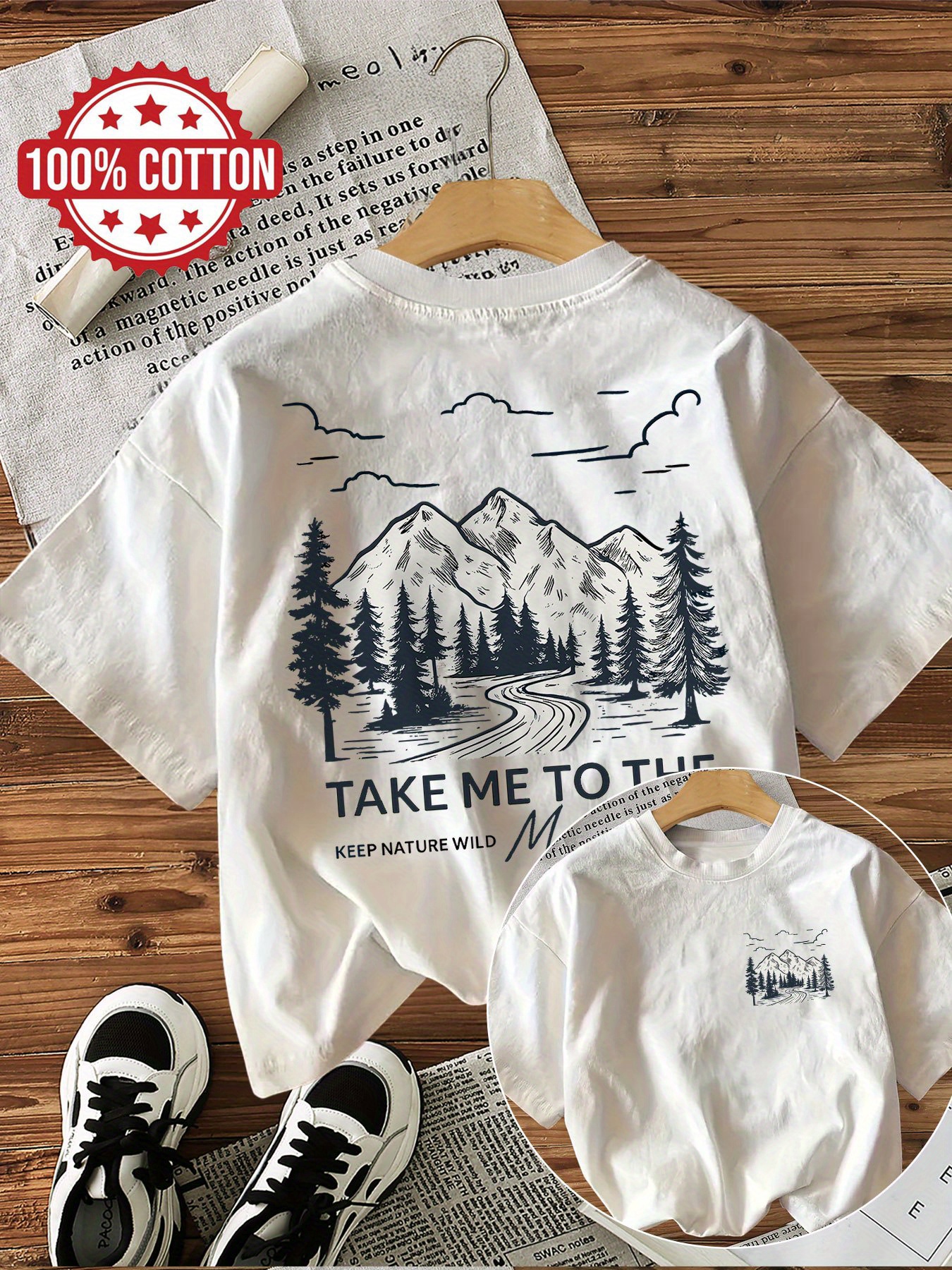 Damen-T-Shirt aus 100 % Baumwolle, Berglandschafts-Grafik-T-Shirt mit „Take Me To The Wild“-Slogan, lässiges Alltags-Shirt für Damen und Mädchen