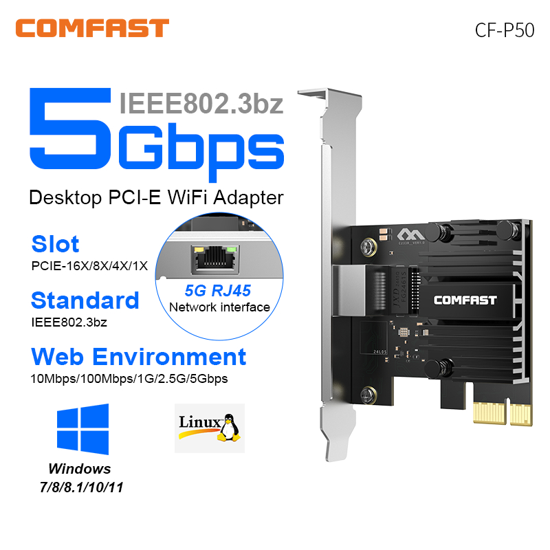 Сетевая карта Comfast 5G PCI-E к RJ45 RTL8126 1G/2,5G/5G Интерфейс RJ45 Gigabit Ethernet PCI Express Wlan Адаптер Win7 8 10 11