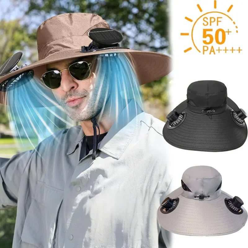 Cappello da pescatore ad asciugatura rapida di grandi dimensioni con ventola ad energia solare Cappello da sole con ricarica USB per uomo Escursionismo all'aperto Pesca da campeggio Abbigliamento rinfrescante