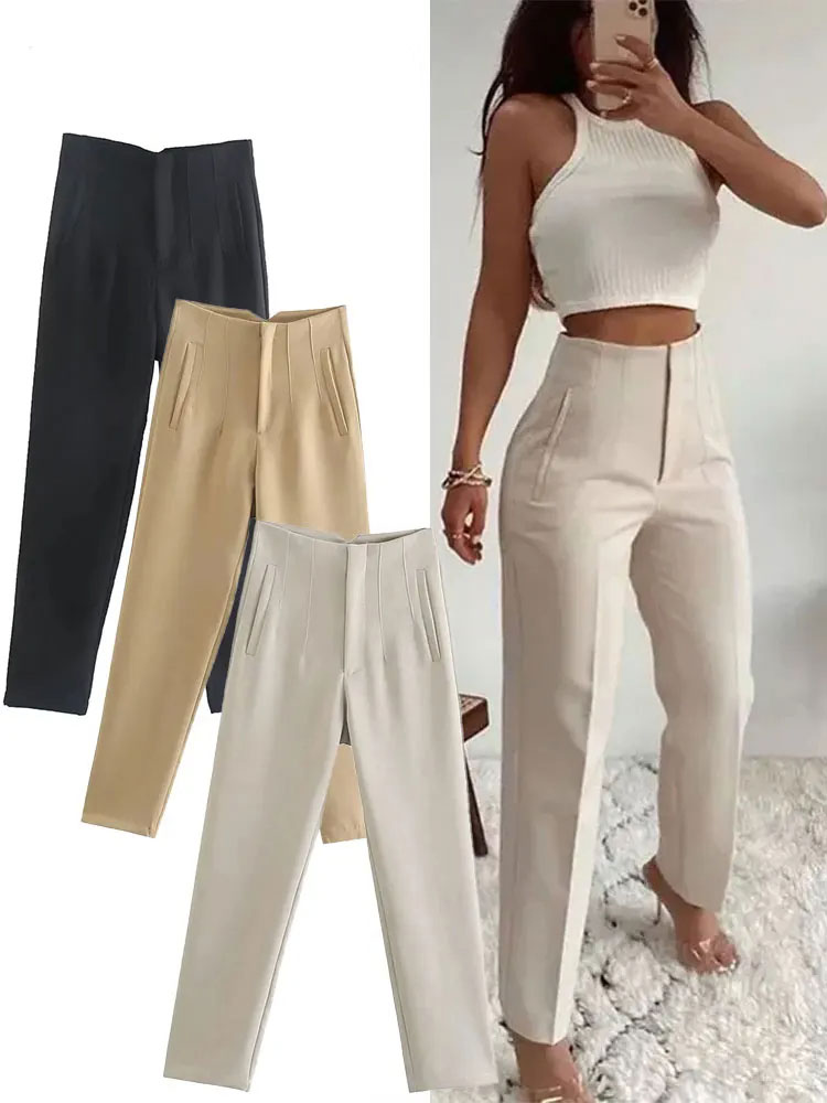 2024 mulher sólida calças de cintura alta magro zíper voar calças compridas feminino selvagem commute escritório senhora mulher lápis pant rua