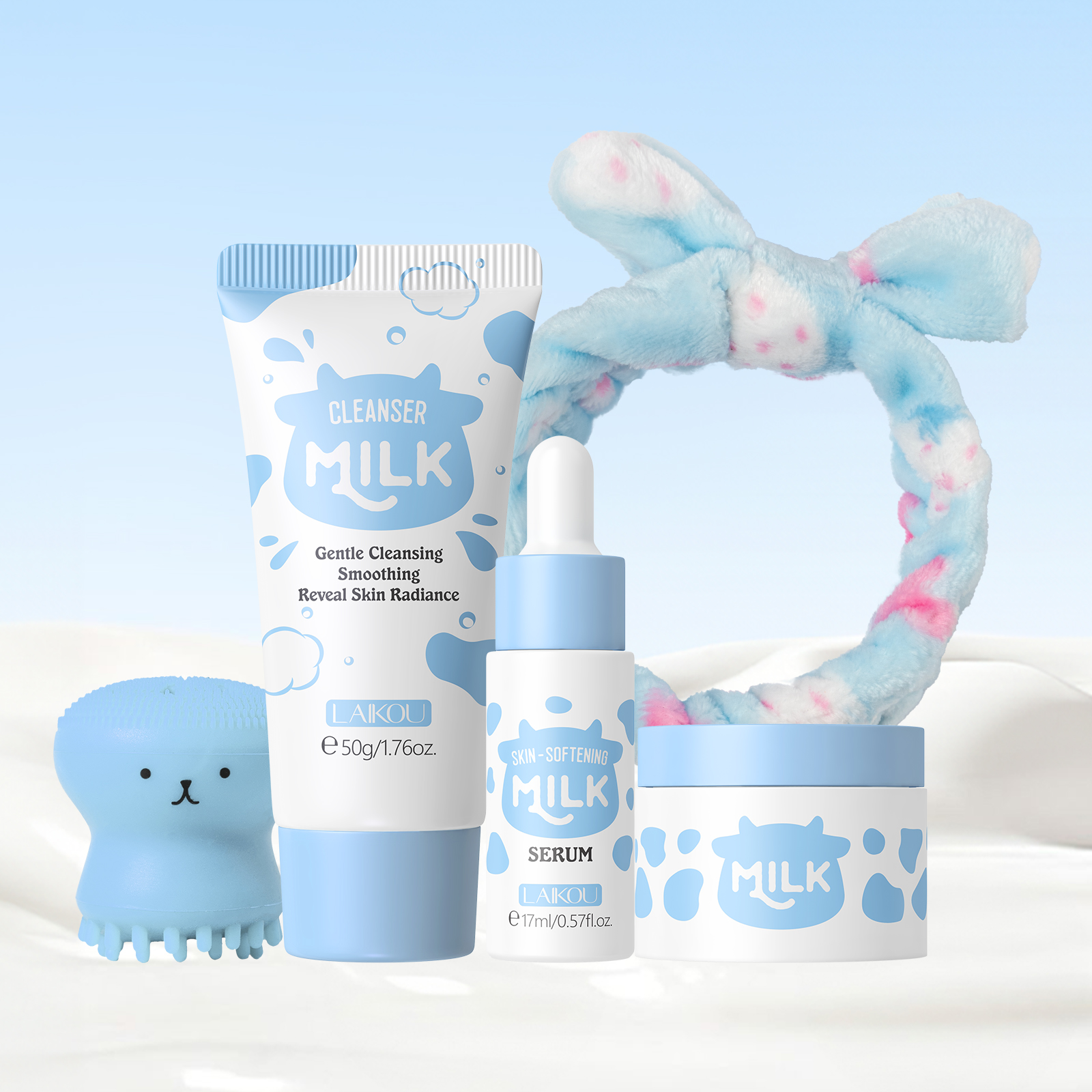 Zestaw do pielęgnacji skóry LAIKOU Milk: Serum zmiękczające, krem nawilżający, delikatny żel oczyszczający, zestaw podróżny do rozjaśniania i nawilżania.