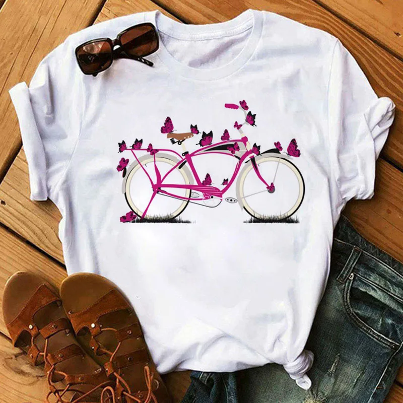 Frühling Sommer Damen Floral Fahrrad Muster Mode Cartoon Print Weiß Brief T-shirt Frau Kleidung Übergroßen T Shirt Tops T