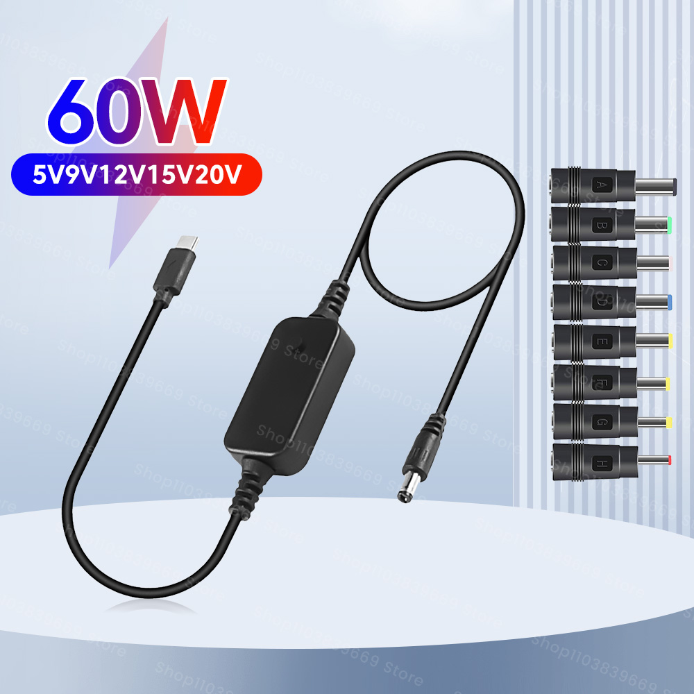 Strom-Boost-Kabel Typ C auf DC 5 V/9 V/12 V/15 V/20 V USB-Kabel-Boost-Konverter, einstellbare Spannung, 60 W, Schnellladekabel, 8 Adapter