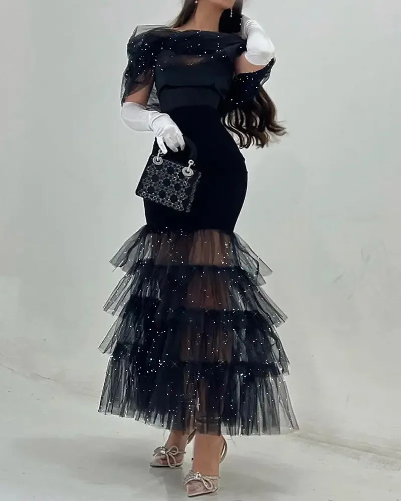 Sequin Summer Dress Temperament Commuter Maxi Dress Elegant Solid Color Dresses for Women Fashion Black Cake Dress Evening Dress