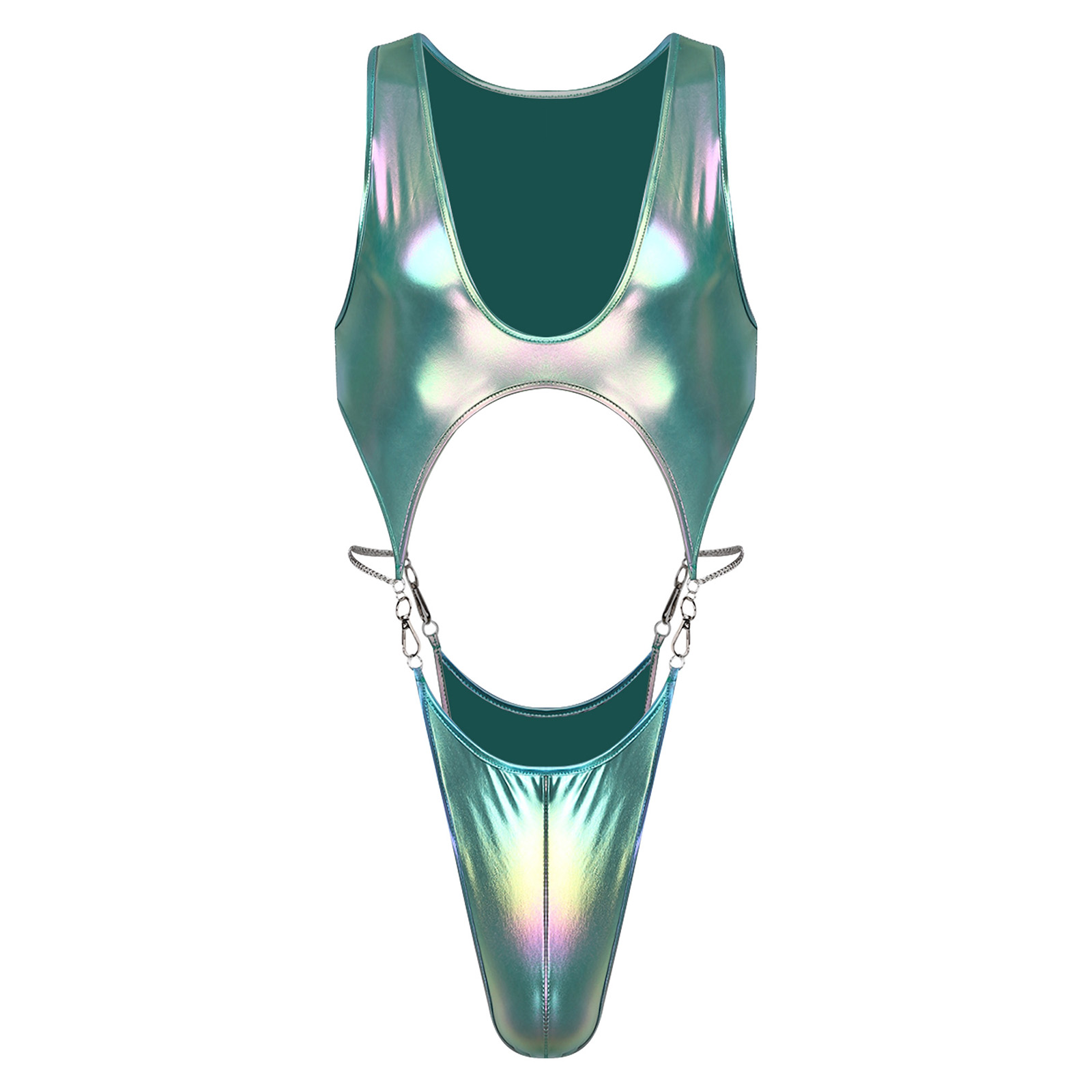 Men Holographic Metallic Cutout Bodysuit Swimwear one piece swimsuit Hook Chain Link Button Crotch Cutout High-cutting Jumpsuit