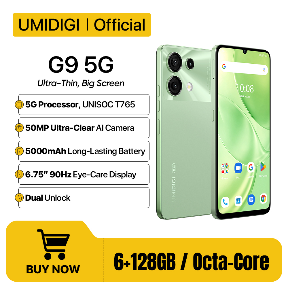 Смартфон UMIDIGI G9 5G 5G Android 14 8-ядерный 6 + 6 ГБ 128 ГБ 6,75 дюйма 90 Гц HD + 50 МП 5000 мАч 18 Вт Зарядка мобильного телефона 5G