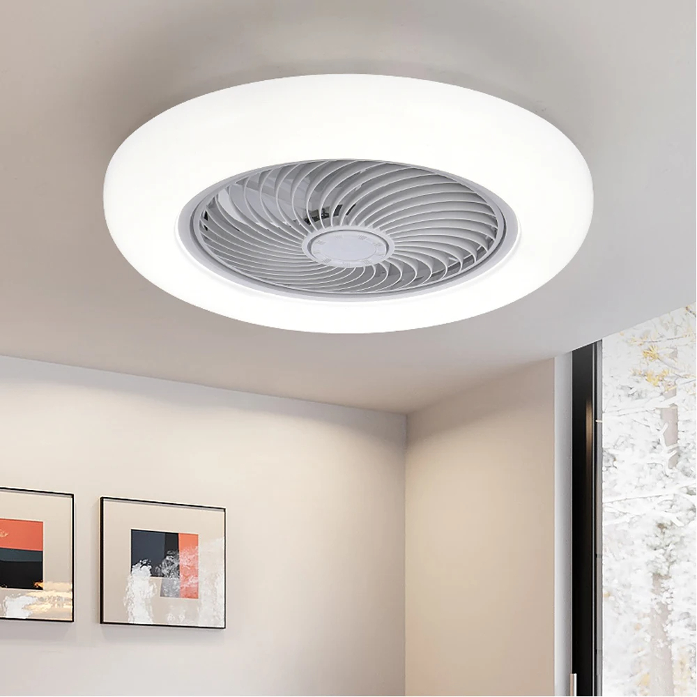 Slimme plafondventilator met verlichting, afstandsbediening, slaapkamerdecoratie, ventilatorlamp, 52 cm, onzichtbare bladen, stil