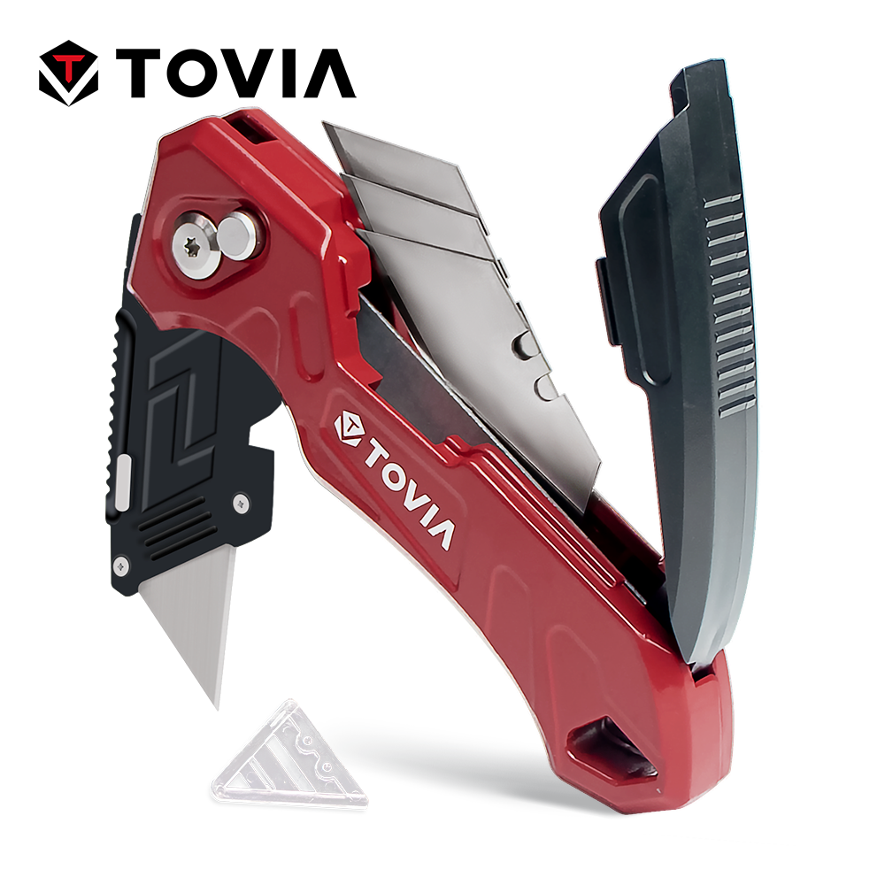 T TOVIA Coupe-boîte à couteaux utilitaires pliants, lames à 3 positions, conception de rangement de lames avec 3 lames supplémentaires, couteau de boîte pour cartons
