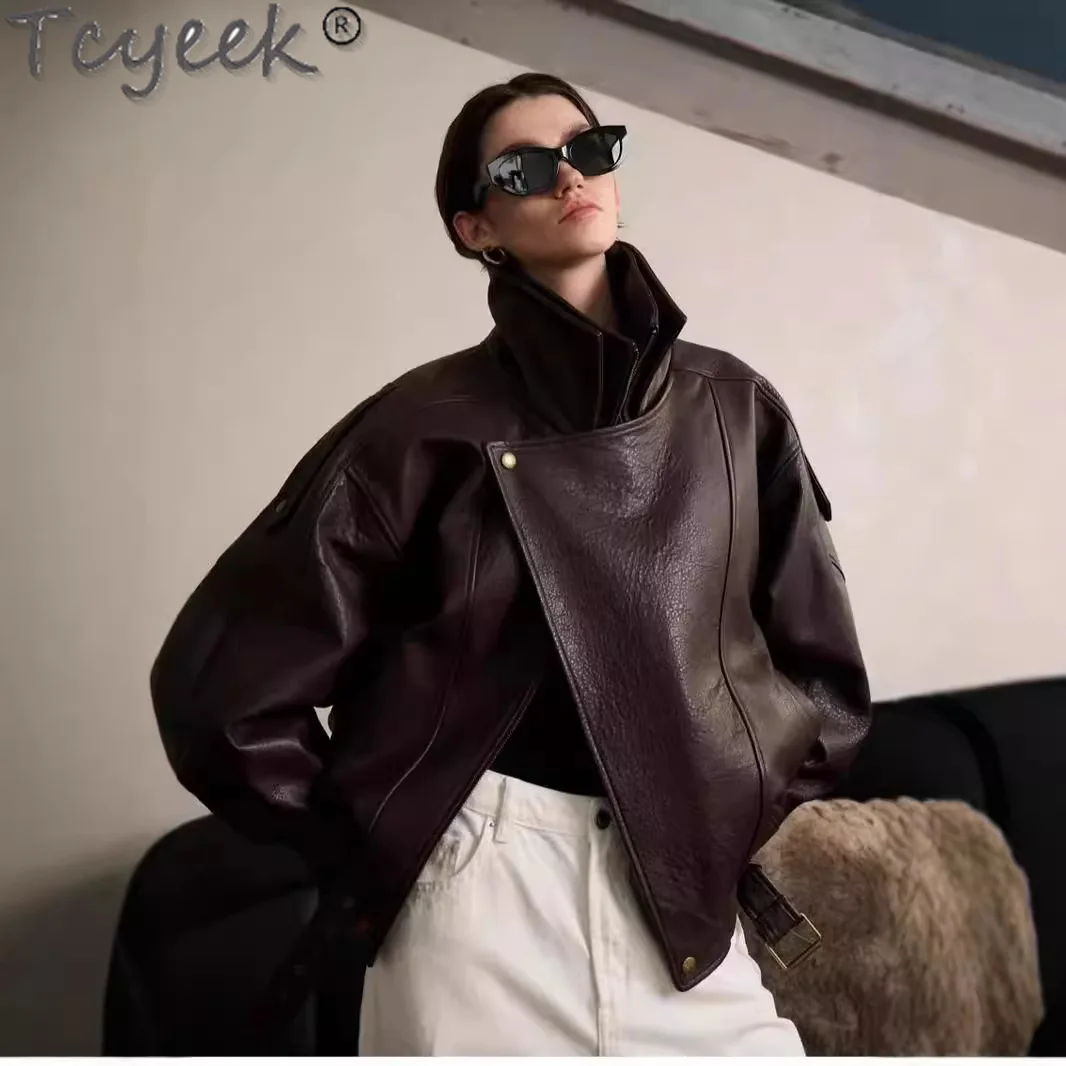 Tcyeek-女性のための天然本革ジャケット,シープスキンコート,女性のファッション,春と秋の服