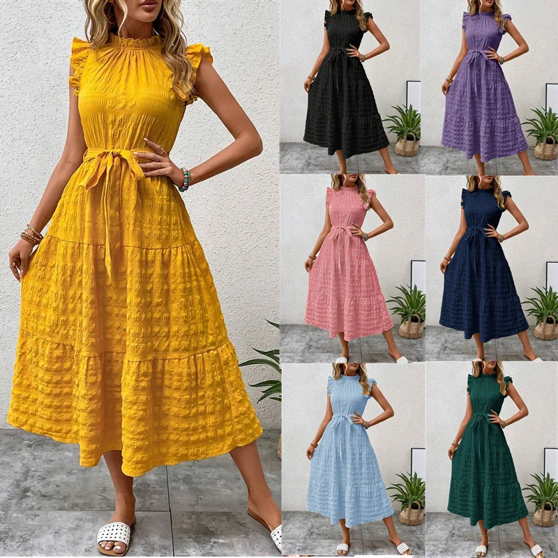 Vestido con textura de encaje y mangas voladoras con borde de oreja a la moda para mujer, vestido amarillo y rosa, ropa de verano Elbise, Плаazoе Ukuч Hei Khuе Playa