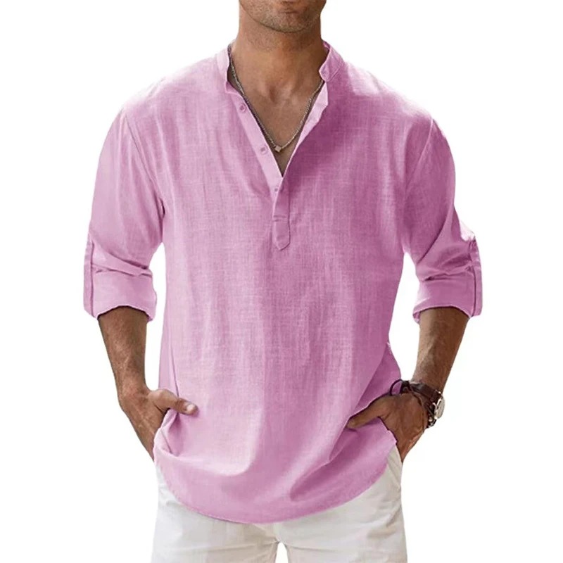 Nieuwe heren casual shirts Lichtgewicht Henley katoenen shirts met lange mouwen voor strandlinnen shirts Hawaiiaanse ademende kraagtops