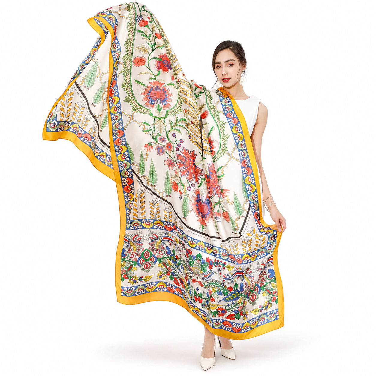 Nueva Bufanda de Seda Verde Amarilla de Lujo, Bufanda de Seda Extra Grande para Mujer, Chal de Diseñador de Moda, Foulard para Mujer, Bufanda de Seda