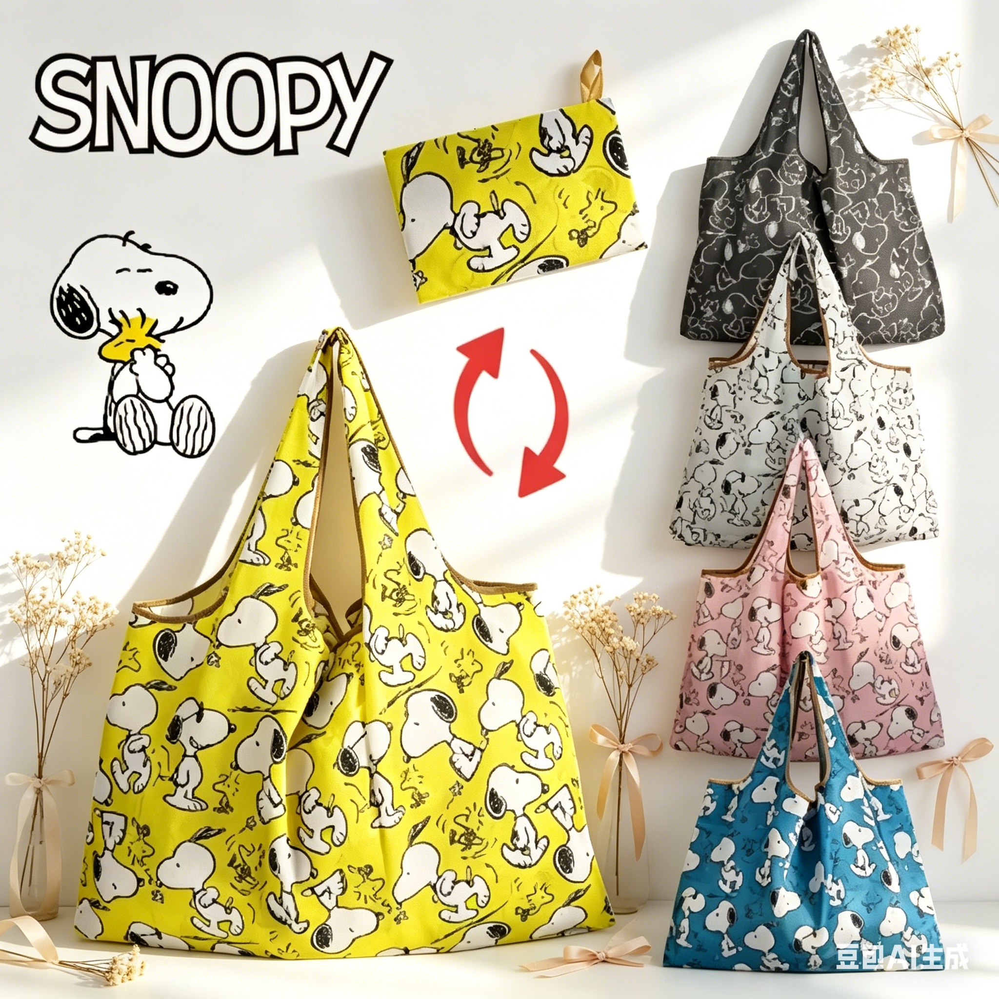 Sacola de compras reutilizável dobrável com estampa Snoopy, grande capacidade, sacola de poliéster ecológica, à prova d'água