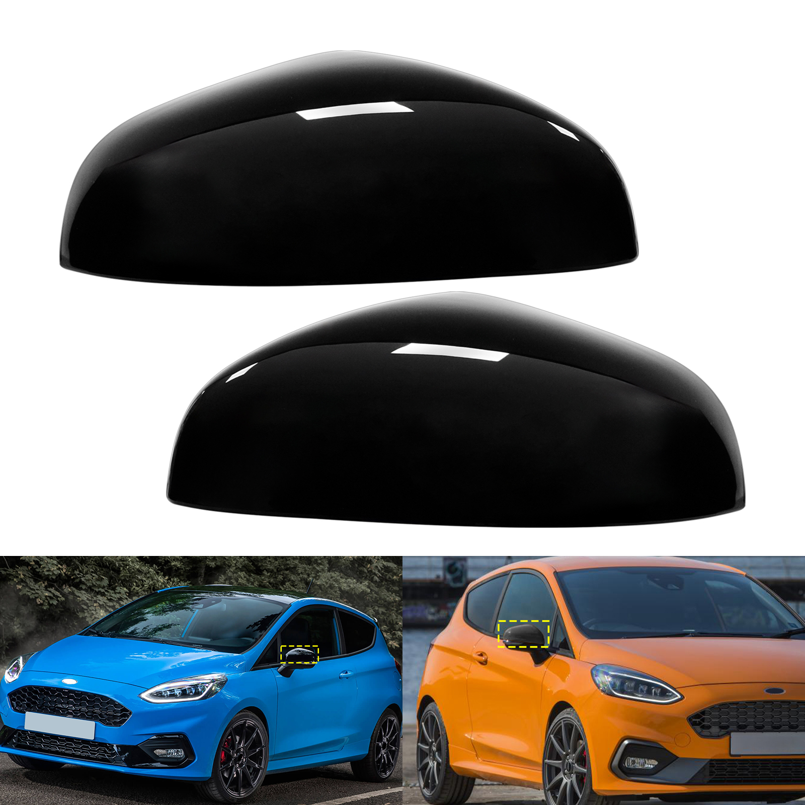 1 para dla 2017-22 Ford Fiesta MK8 osłony lusterek bocznych drzwi błyszcząca czerń