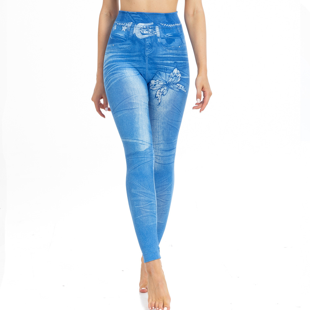 Mallas con estampado vaquero para mujer, mallas ajustadas a la moda, pantalones vaqueros de imitación, mallas elásticas con estampado de mariposas, pantalones largos, pantalones de verano