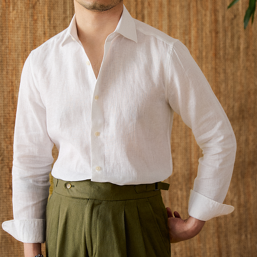 Camisa Casual Masculina Branca 100% Linho Estilo Italiano com Oito Colarinhos e Manga Longa, Respirável e Leve, Luxuosa para o Dia a Dia - Mr. Lu San