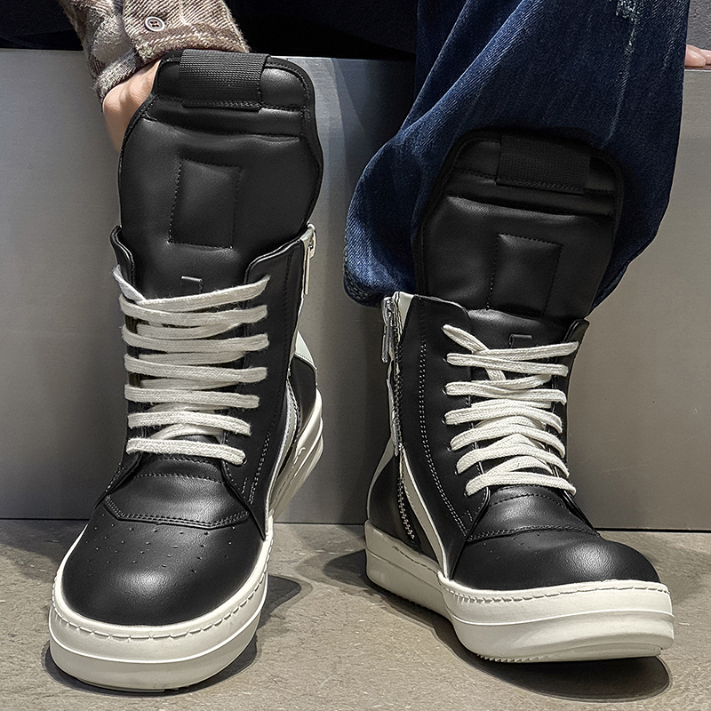 Sepatu Pria Kasual Berkualitas Tinggi, Sneaker Hitam Model Ankle Boot Kulit Geo, Sepatu Ritsleting Sol Tebal Datar, Model Fashion