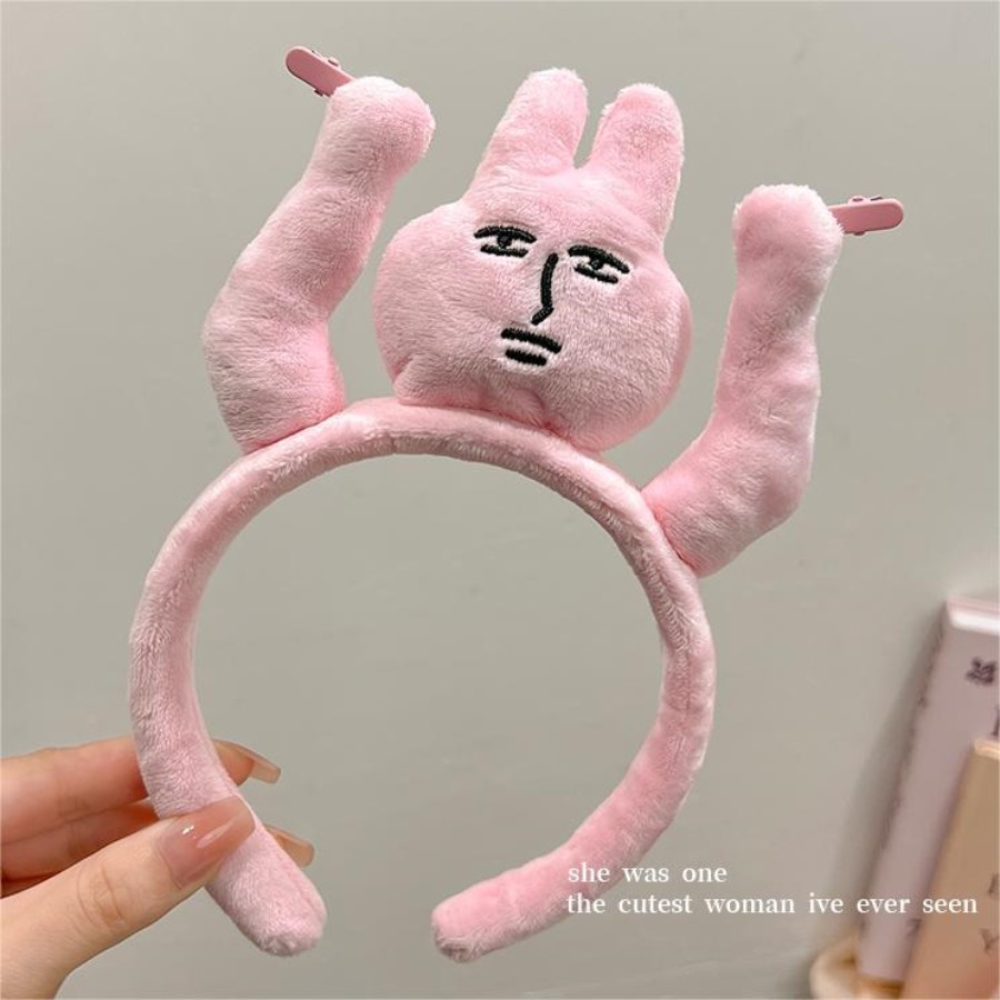 Divertido levantando as mãos, puxando pelos, faixa de cabeça de coelho rosa, faixa de cabeça engraçada, franjas de agarrar cabelo, faixa de cabeça de desenho animado