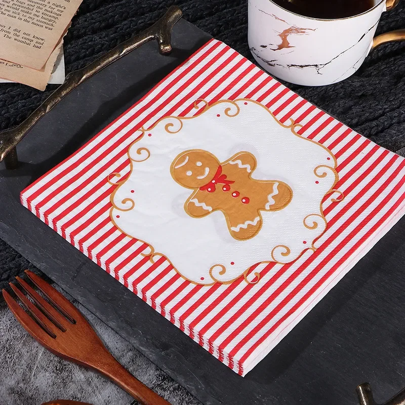 10/20 pçs 33*33cm 2ply dos desenhos animados papai noel vermelho e branco listrado cúrcuma homem impresso papel placemat vidro de vinho flor origami