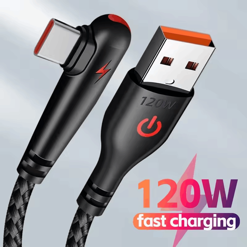 90 Degree Elbow USB Type C Cable 120W Fast Charging Phone Charger Data Cord For Samsung Xiaomi Huawei Quick Charge USB C Cable
