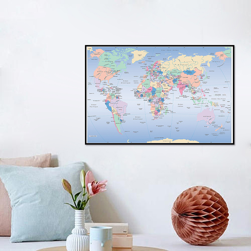 A2 Size 59x42cm World Map French Language, Canvas Art Wall Poster Prints Backdrop for School Classroom Decoration