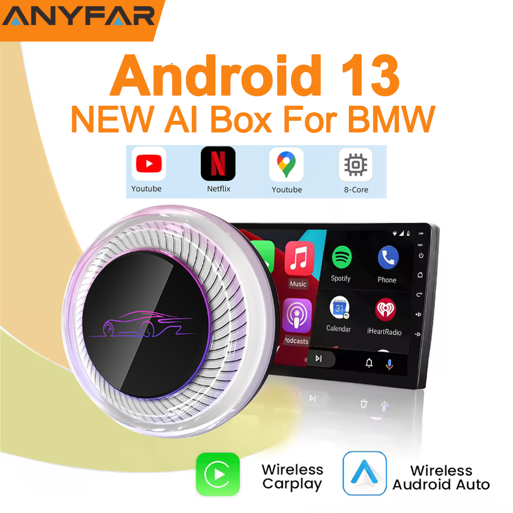 Kotak AI Nirkabel untuk BMW atau Mobil Lain dengan Sistem Wireless CarPlay Android 13, RAM 8GB, ROM 128GB, Dual WiFi, SIM 4G, dan Output HDMI