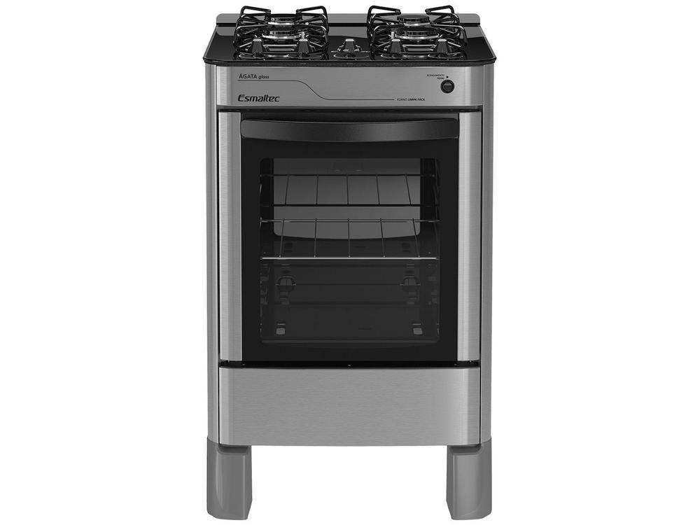 Fogão 4 Bocas Esmaltec Prata Mesa de Vidro Agata Glass - Bivolt