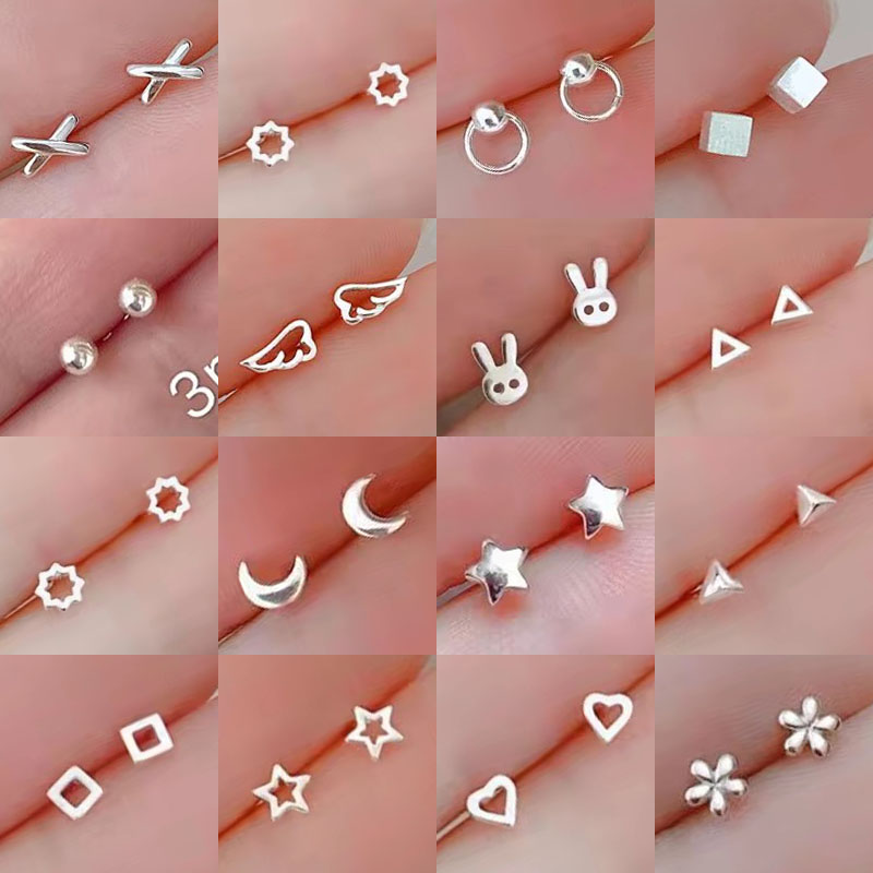 Winzige minimalistische versilberte koreanische Mini-Ohrstecker mit kleinen Herz- und Sternen für Frauen, Studenten, Teenager, einfacher Ohrpiercing-Schmuck