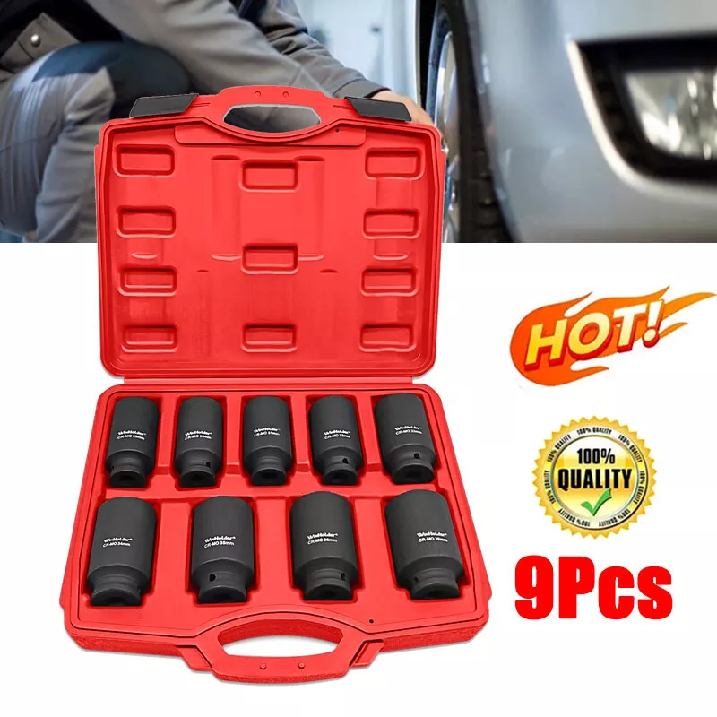9 STKS Diepe Impact As Hub Moer DIEPE IMPACT Socket Set 30mm 32mm 34mm 35mm 36mm 1/2-Inch Drive Dunne Muur Lange Bereik Case