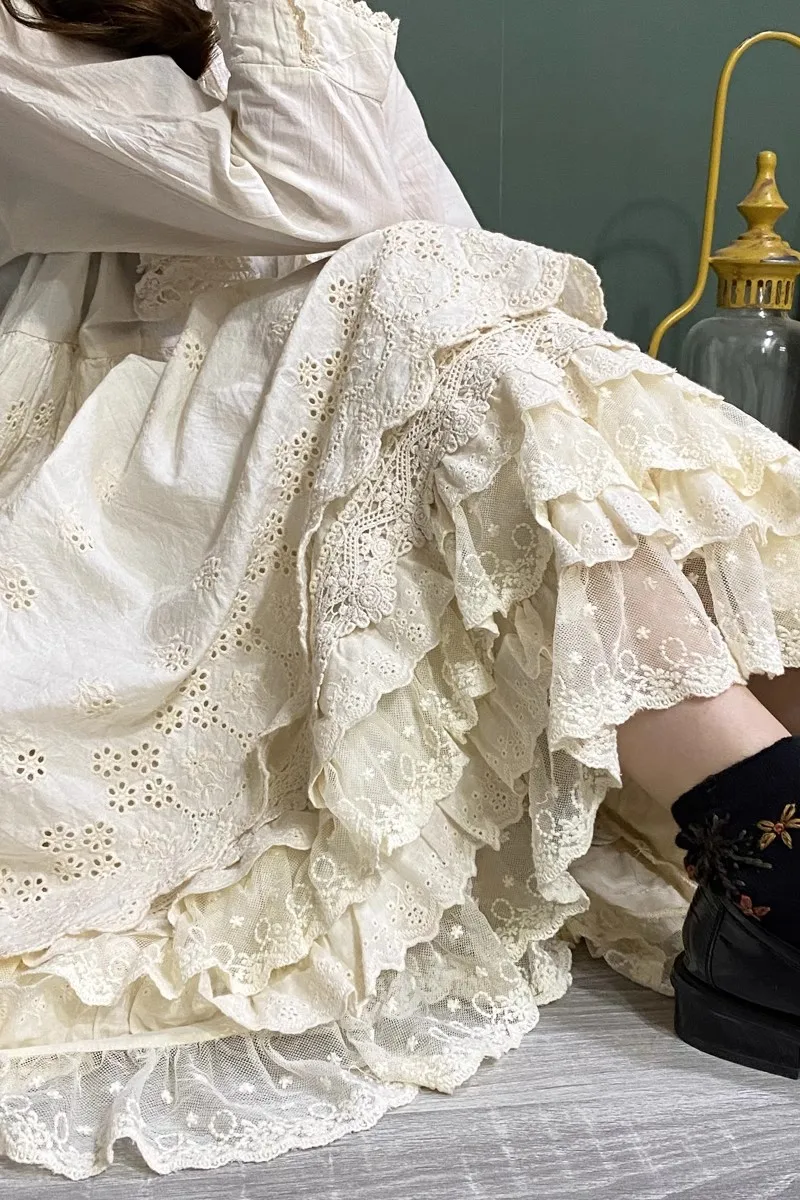 Vintage Lace Ruffled Kawaii Skirt Women Mori Girl High Waist Loose Cotton Linen Lolita Cake Skirt Casual Petticoat A-line Skirts