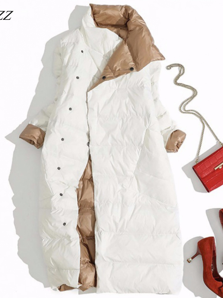 FTLZZ 5XL Chaqueta larga de plumón de doble cara para mujer abrigo de plumón de pato blanco Parkas cálidas con doble botonadura prendas de vestir para nieve