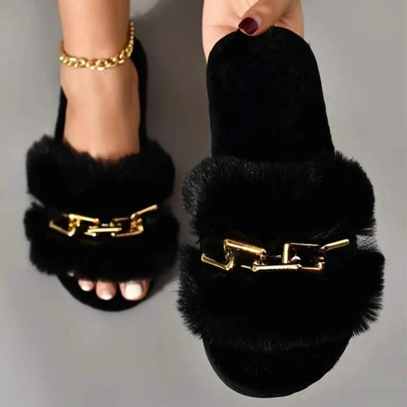 Moda corrente design feminino casa chinelos cor sólida dedo do pé aberto interior 2022 inverno plana antiderrapante lazer interior sapatos femininos