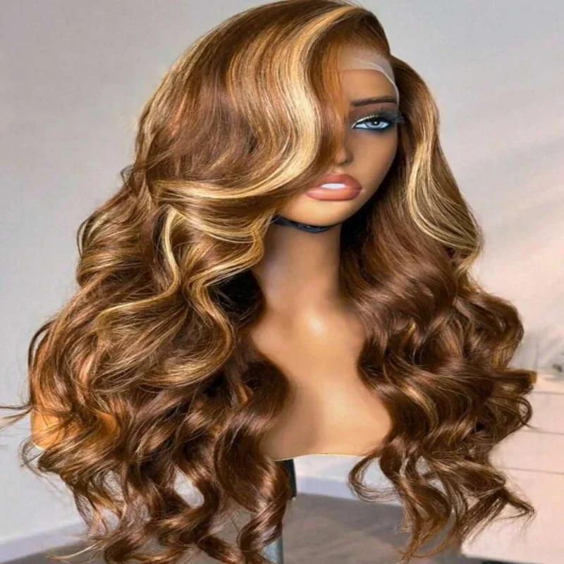 Peruka typu lace front, ombre w odcieniach miodowego blondu, 30-36 cali, z włosów naturalnych wietnamskich, peruka lace front HD 13x6, ombre z pasemkami 4/27, peruki lace frontal 13x4 z falowanymi włosami, wstępnie wyskubane, gęstość 230%